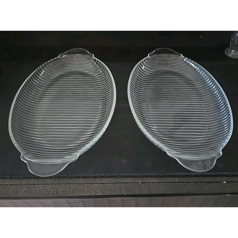 Vintage Clear Glass Ribbed Serving Dishes Set of 2 Platter Tray‎ with Handles